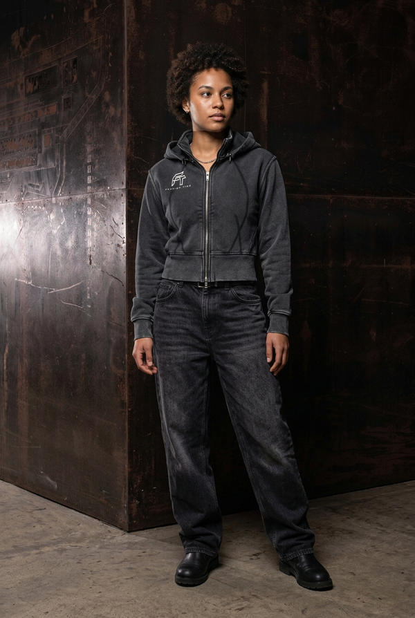 Female Tabs Hoodie solo model front washed black