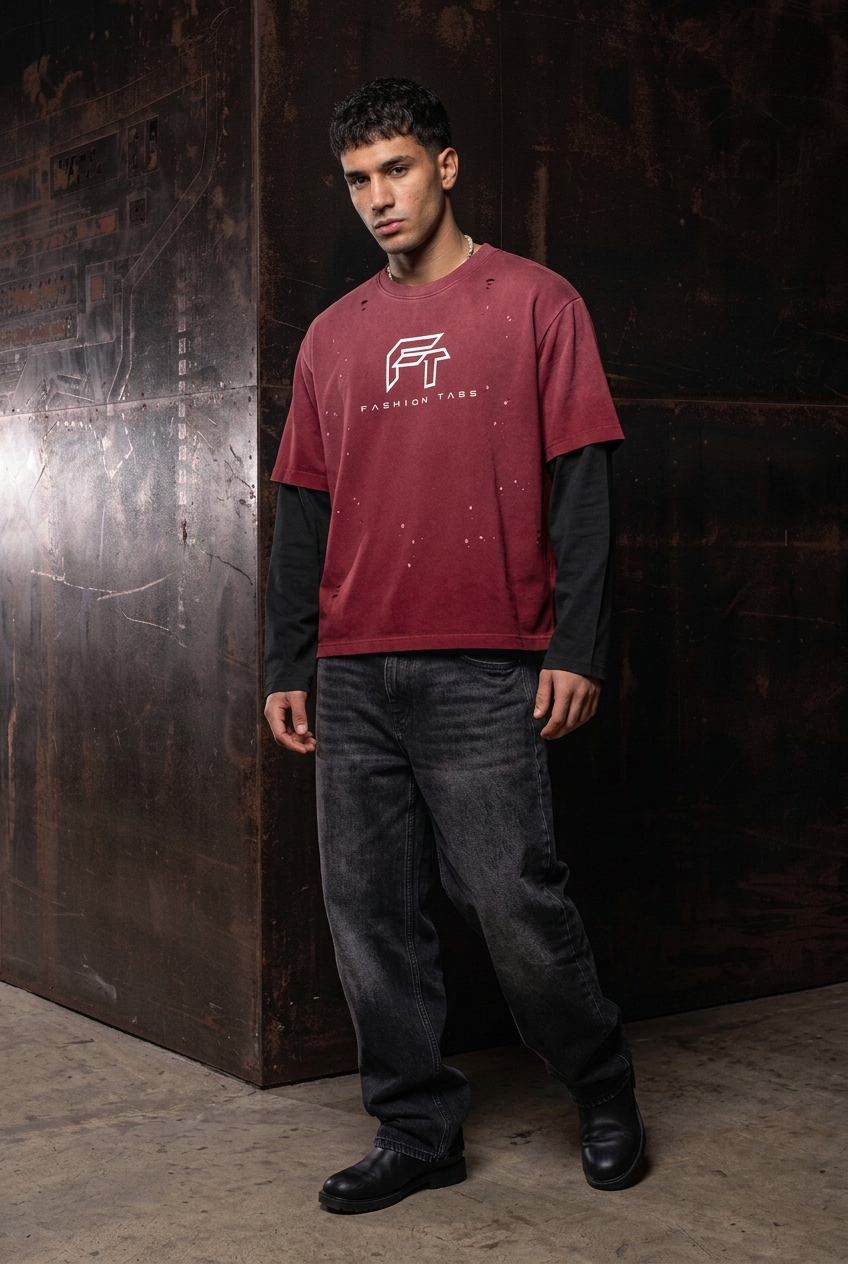 Tabs Layer Tee model front Dark Red with Black